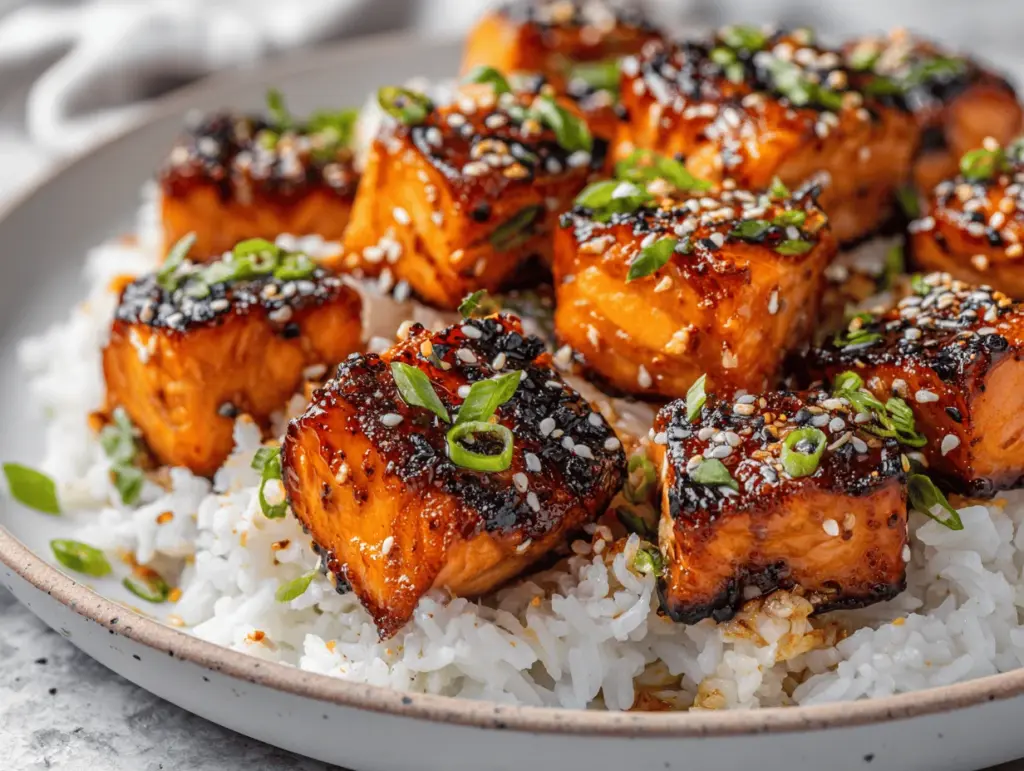 crispy honey garlic salmon bites - featured image
