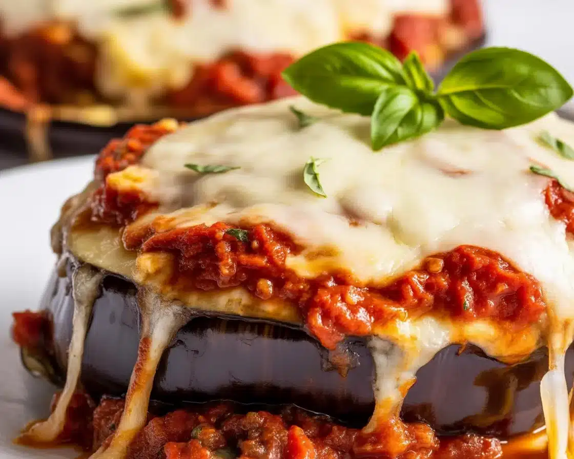 Delicious Eggplant Parmesan with marinara sauce, crispy layers of eggplant and melted cheese.