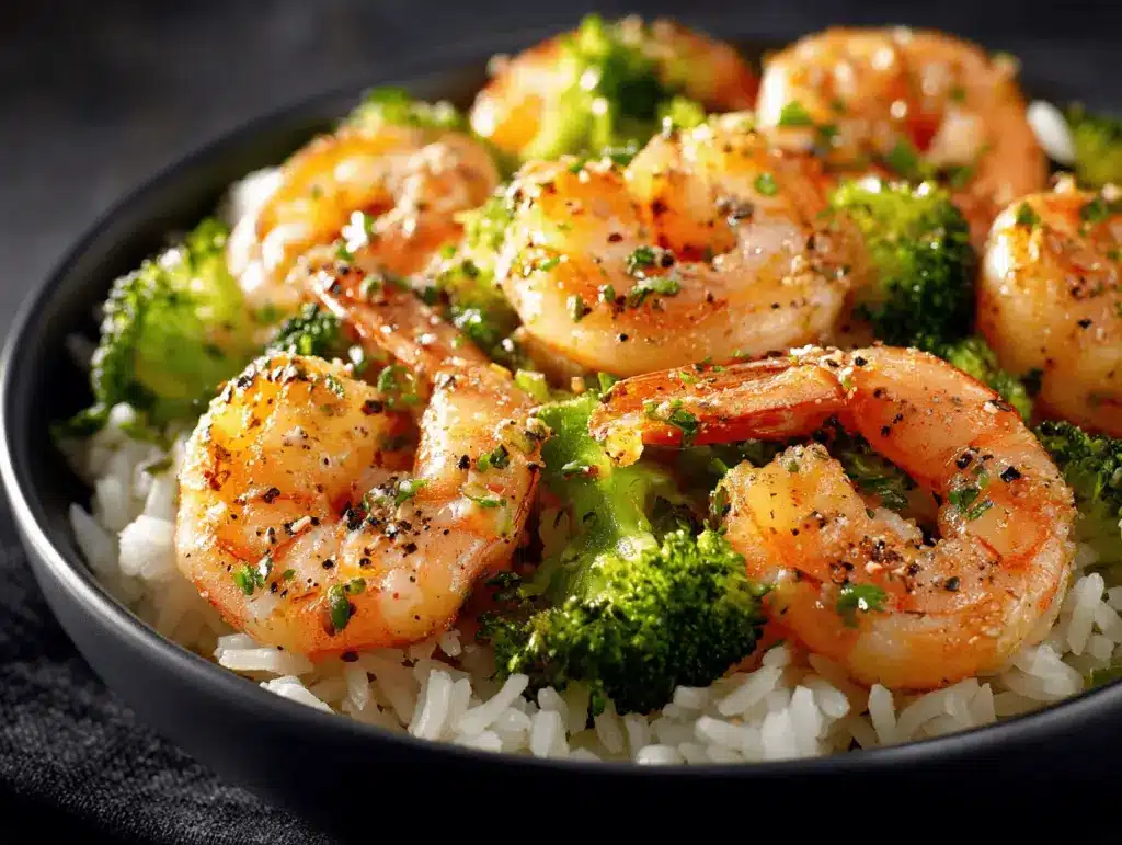 garlic butter shrimp and broccoli rice - featured image
