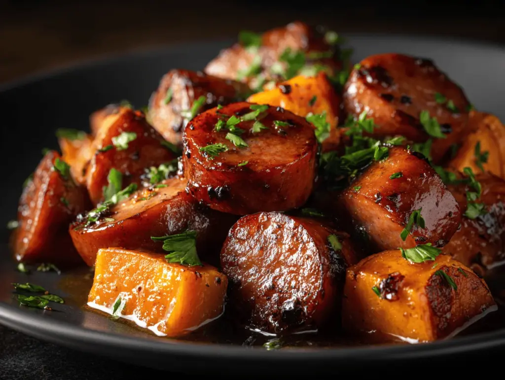 honey garlic sausage sweet potatoes - featured image