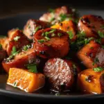 honey garlic sausage sweet potatoes - featured image