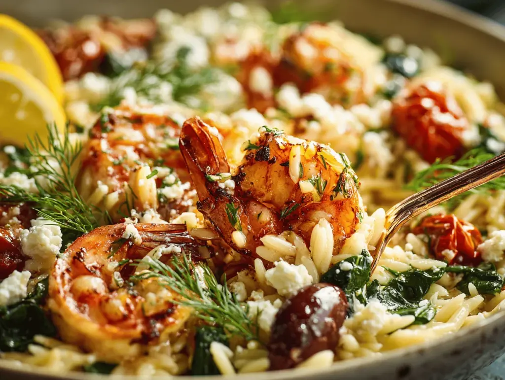 lemon feta orzo shrimp - featured image