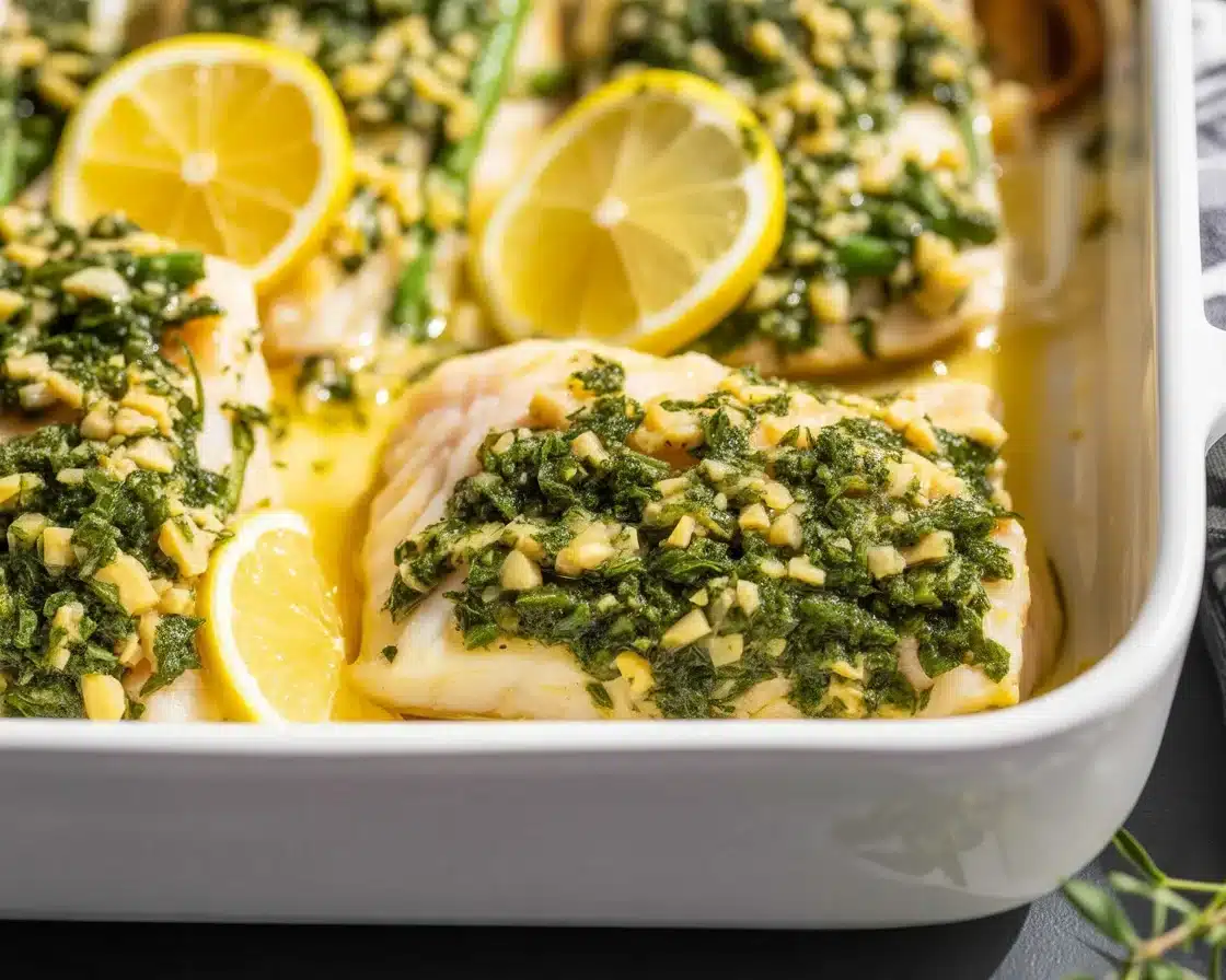 Lemon herb baked cod served with fresh green beans and garlic butter