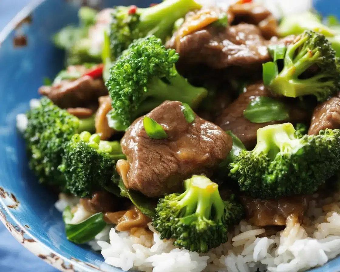 Delicious Beef and broccoli stir fry served over cauliflower rice for a healthy meal.
