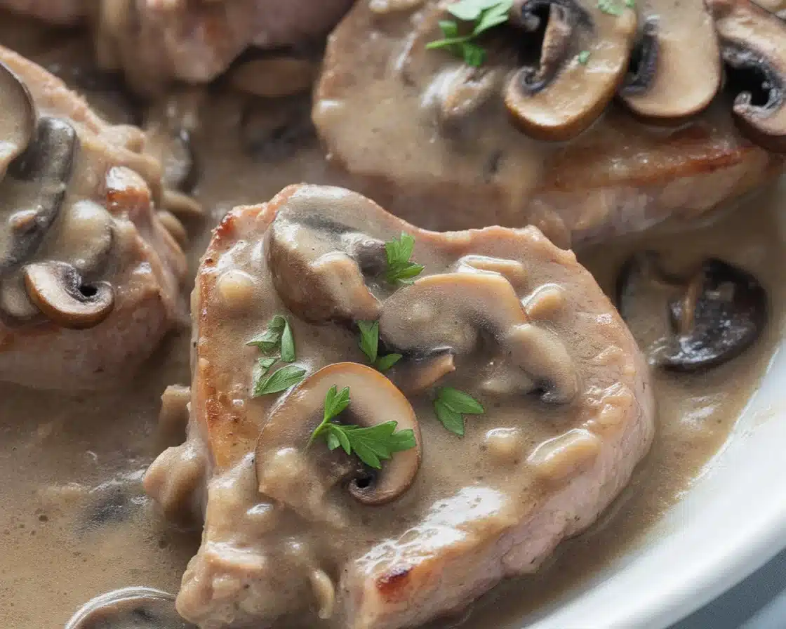 Juicy pork chops with creamy mushroom sauce served on a plate