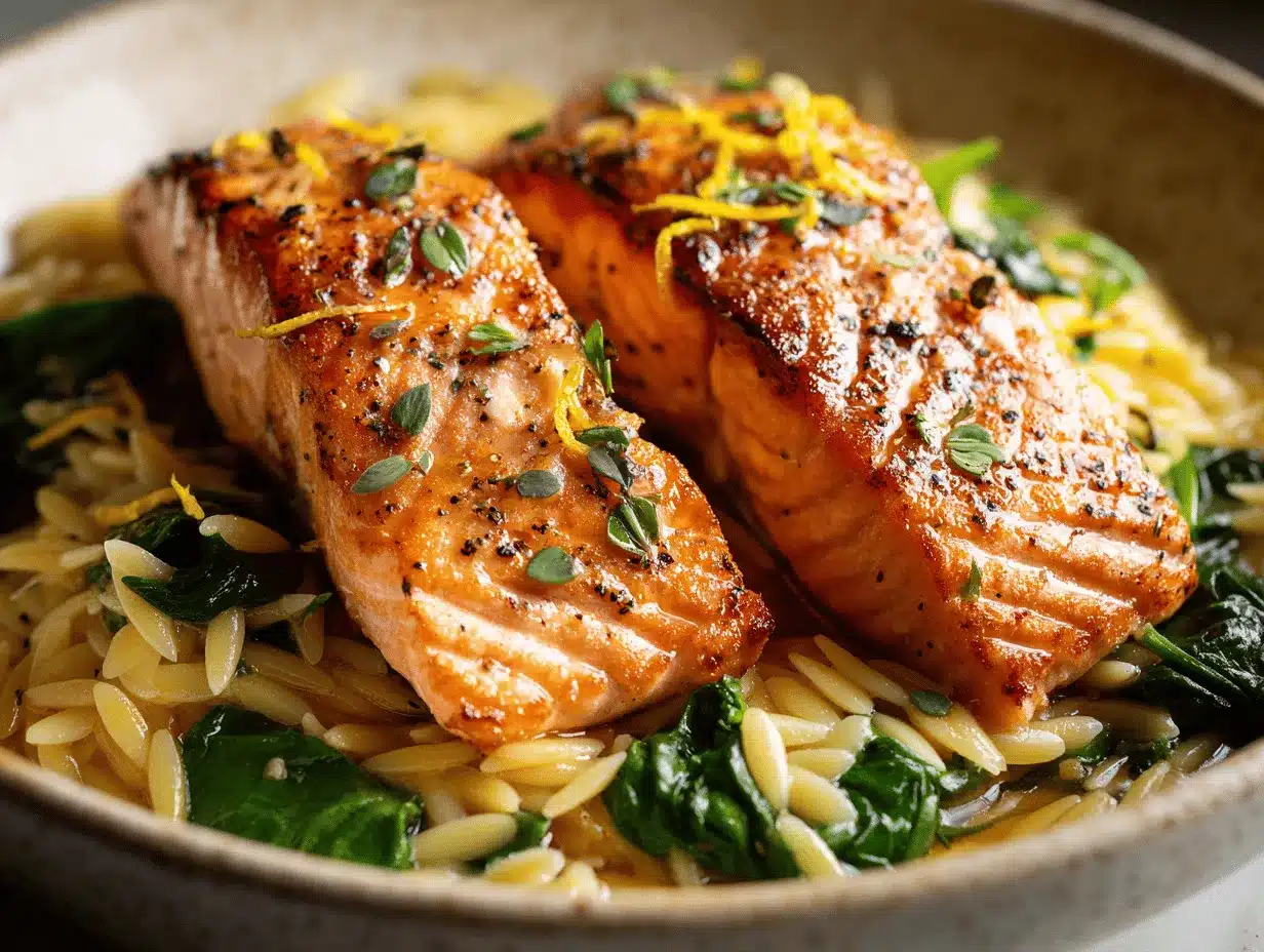 seared salmon with lemon orzo preparation steps